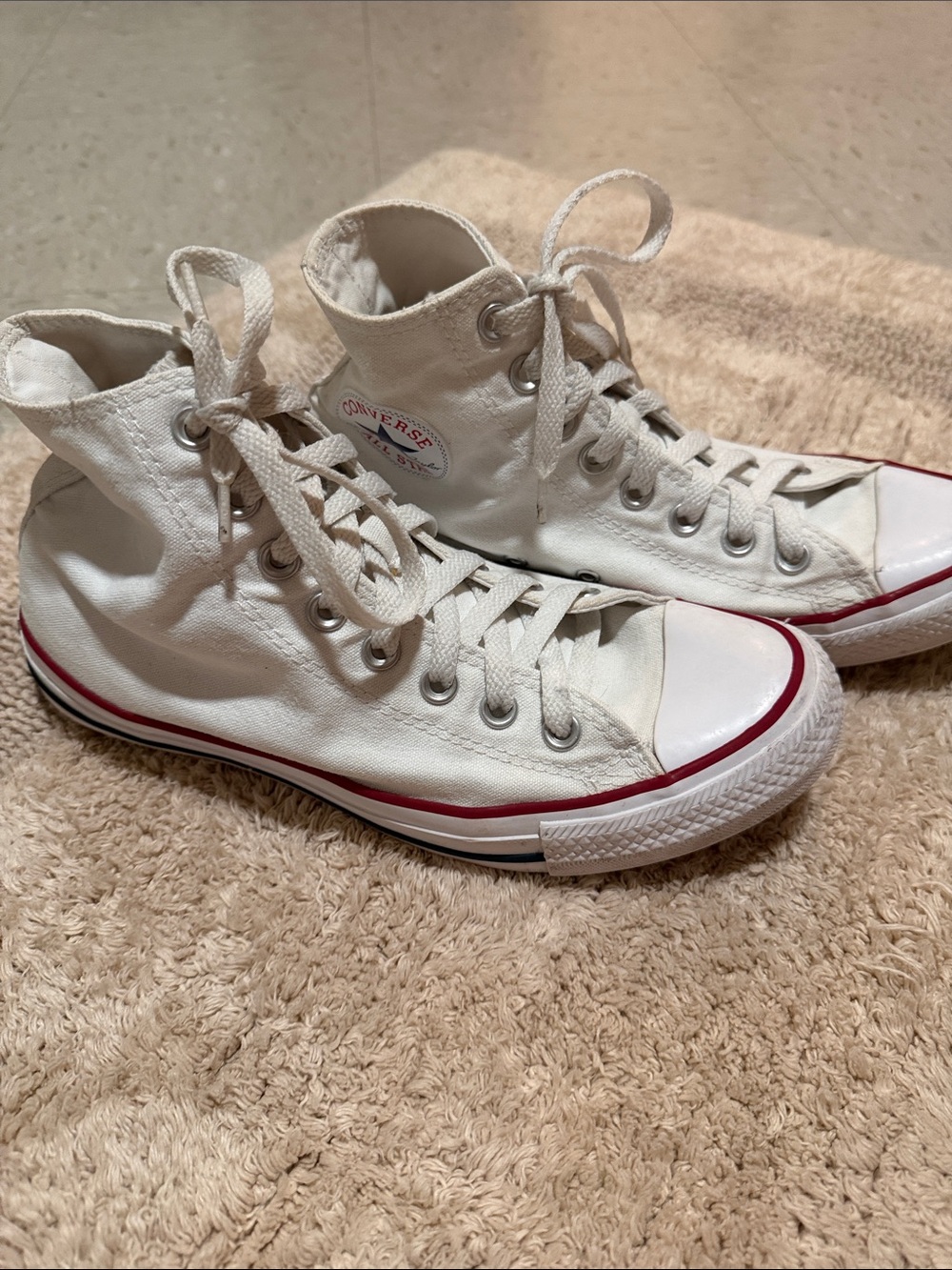 Unisex Converse White High Top Sneakers with Red and Blue Stripe
